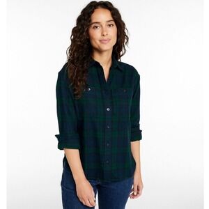 L.L.Bean Womens Relaxed Fit Plaid Flannel Button Down Shirt Petite XL Green Navy